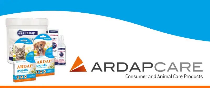 blaue Wellenform oben, weißer Hintergrund, orange Linie unten, rechts: Ardap Care Logo, links: Ardap Care Tierpflegeprodukte
