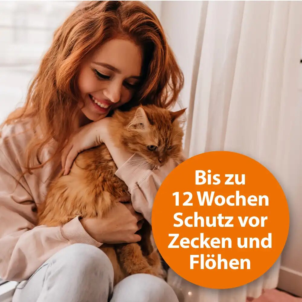Rothaarige Katze gehalten von Frau mit der gleichen Haarfarbe | Bis zu 12 Wochen Schutz vor Zecken und Flöhen