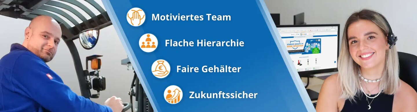medplus-Banner: Mitarbeiter im Gabelstapler\ Icons mit...