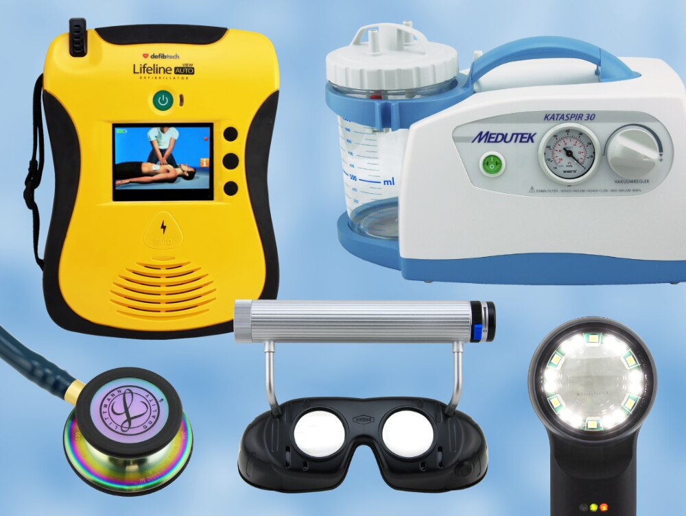 Produkte: Defibrillator, Stethoskop, Absaugpumpe, Dermatoskop, Frenzelbrille
