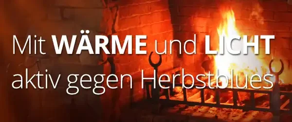 Banner: Gemütlicher Kamin mit Feuer, Schrift: Mit Wärme...
