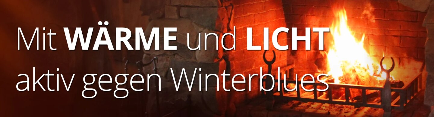 Banner: Gemütlicher Kamin mit Feuer, Schrift: Mit Wärme...