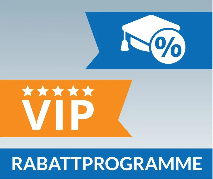 Rabattprogramme bei medplus / VIP mit 5 Sternen / Diplomhut mit Prozentzeichen