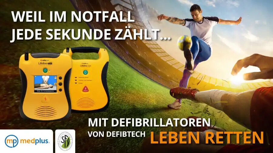 Text: Weil im Notfall jede Sekunde zählt, mit Defibrillatoren von Defibtech Leben retten Bild: Logo SFV, Logo medplus, Fussballspieler im Stadion