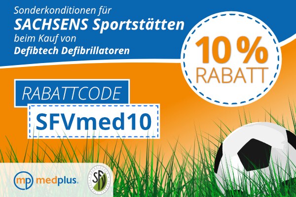 Fußball liegt im Gras; Vereinskonditionen für SFV Mitglieder auf Defibtech Defis und Zubehör 10% Rabatt Rabattcode: SFVmed10