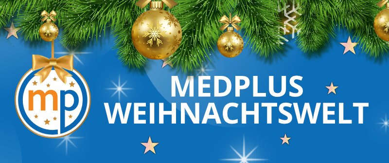medplus-Weihnachtswelt | blauer Sternenhintergund, oben Christbaumkugeln mit Tannenzweigen