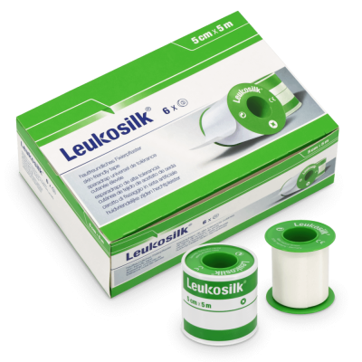 Leukosilk Rollenpflaster, 6 Stück | Mit Schutzring | 5,00 cm x 5 m