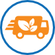 Icon: in blauen Kreis ein fahrender oranger LKW, darin Blätter in weiß