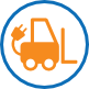 Icon: in blauen Kreis ein oranger Gabelstapler