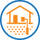 Icon: in blauen Kreis ein oranges Haus mit Wärmepumpe