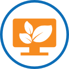 Icon: in blauen Kreis ein oranger Monitor darin Blättern in weiß