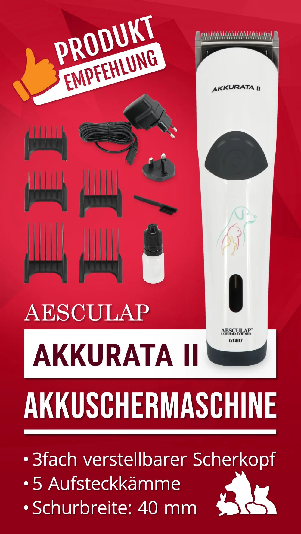 Produktempfehlung: Aesculap Akkurata II Akkuschermaschine, 3fach verstellbarer Scherkopf, 5 Aufsteckkämme, Schurbreite 40 mm