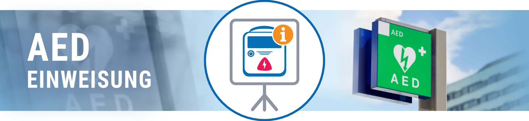 Banner AED-Einweisungen, Grafik eines AEDs auf einer Leinwand