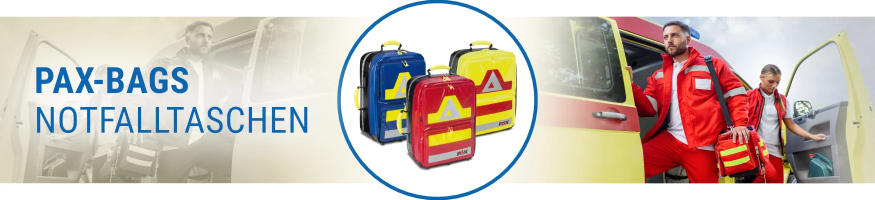 Banner mit Pax-Notfalltaschen und Rettungskräften die aus einem Krankenwagen steigen