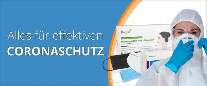 Alles für effektiven Coronaschutz (weiß auf blauen Hintergrund), daneben (oranger Trenner) verschiedene Produkte: Tests, Masken, Desinfektionsmittel, Frau mit Schutzanzug