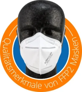 Icon-Bild Styroporkopf mit FFP2-Maske, Text: Qualitätsmerkmale von FFP2 Masken