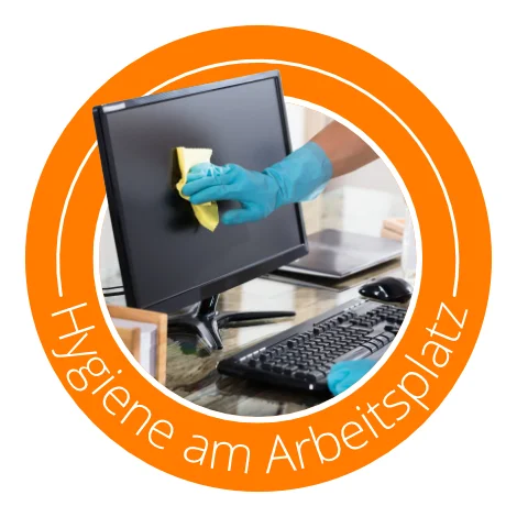 Icon-Bild Bildschirm wird geputzt, Text: Hygiene am Arbeitsplatz