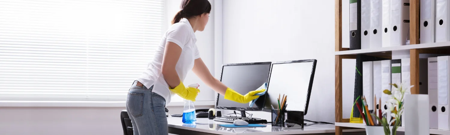 Banner Frau putzt Bildschirm im Büro