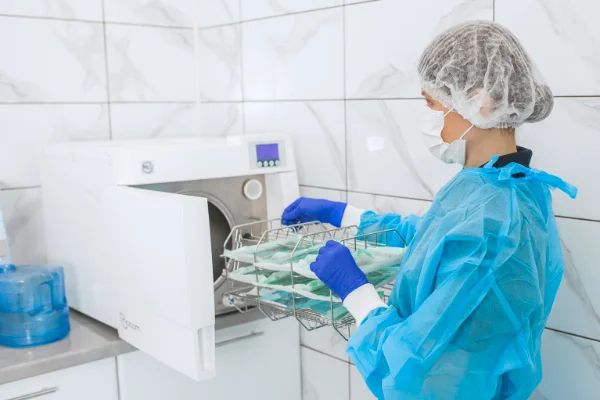 Frau in Schutzkleidung bedient Sterilisator 