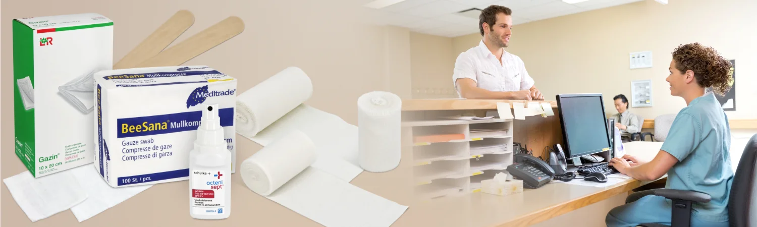 Banner mit Sprechstundenbedarfsartikeln und Rezeption