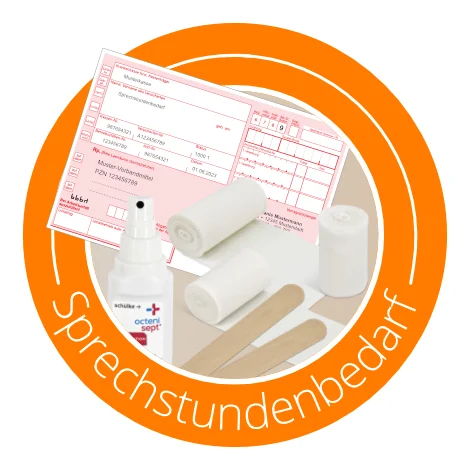 Icon mit Rezept und Produkten, Text: Sprechstundenbedarf